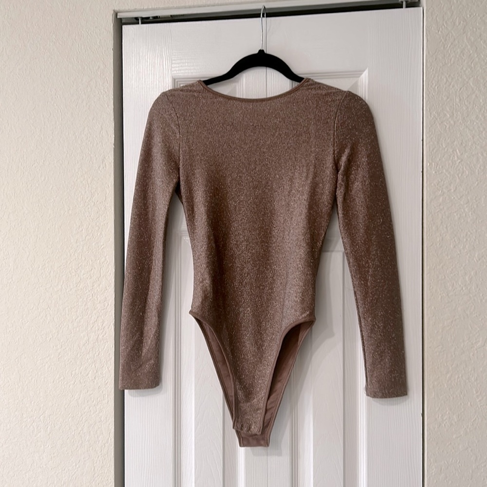 Brown shimmer long sleeve romper open back